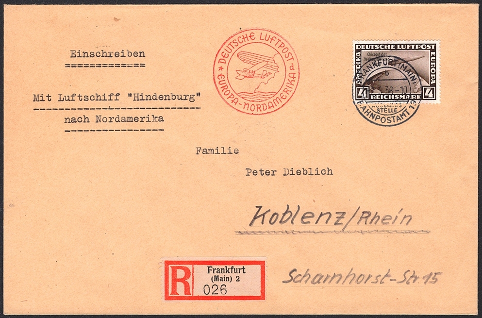 Deutschland, Zeppelinpost, 1936, Nordamerikafahrt, 13a, R-Brief mit hochwertiger Frankatur