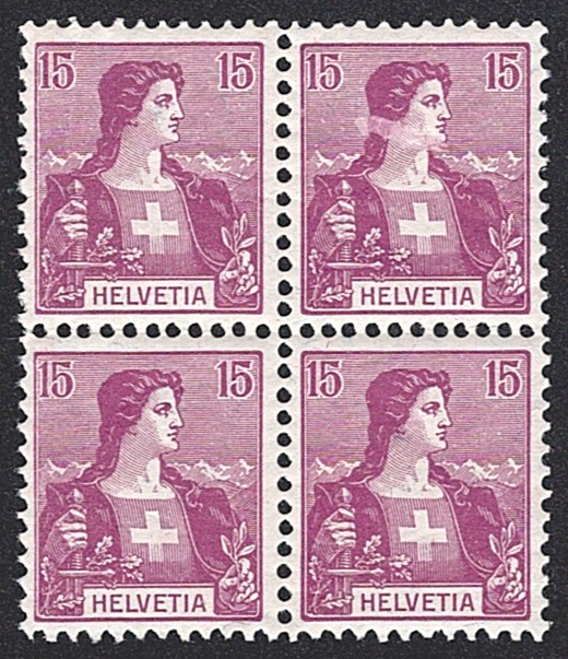 Schweiz, Freimarken, Nr.106, Helvetia Brustbild, 15Rp.violett, im Viererblock