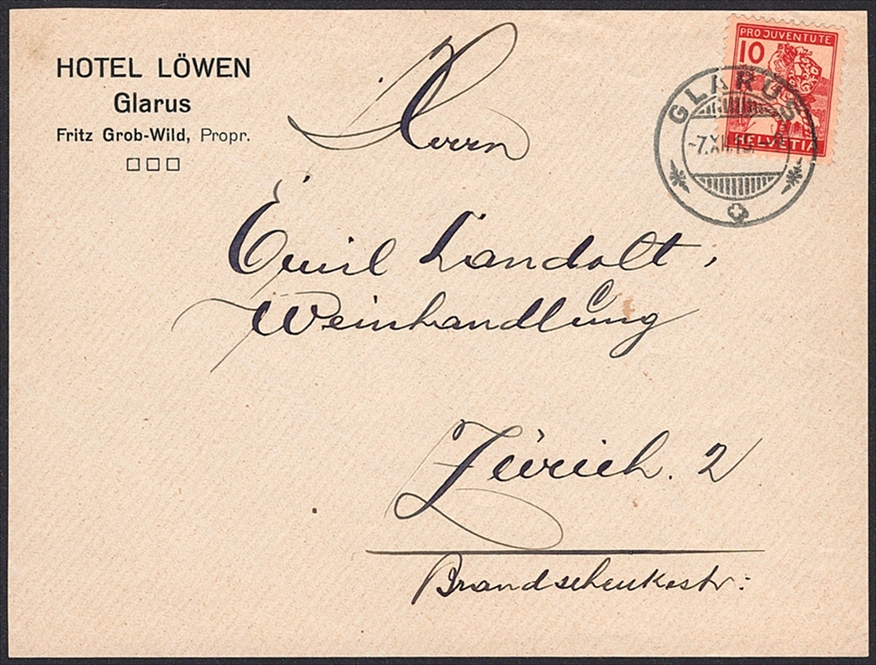 Schweiz, Pro Juventute, 1915, Nr.3, auf Briefvorderseite, GLARUS