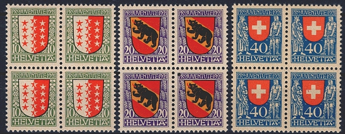 Schweiz, Pro Juventute, 1921, Nr.18-20, komplette Serie im Viererblock