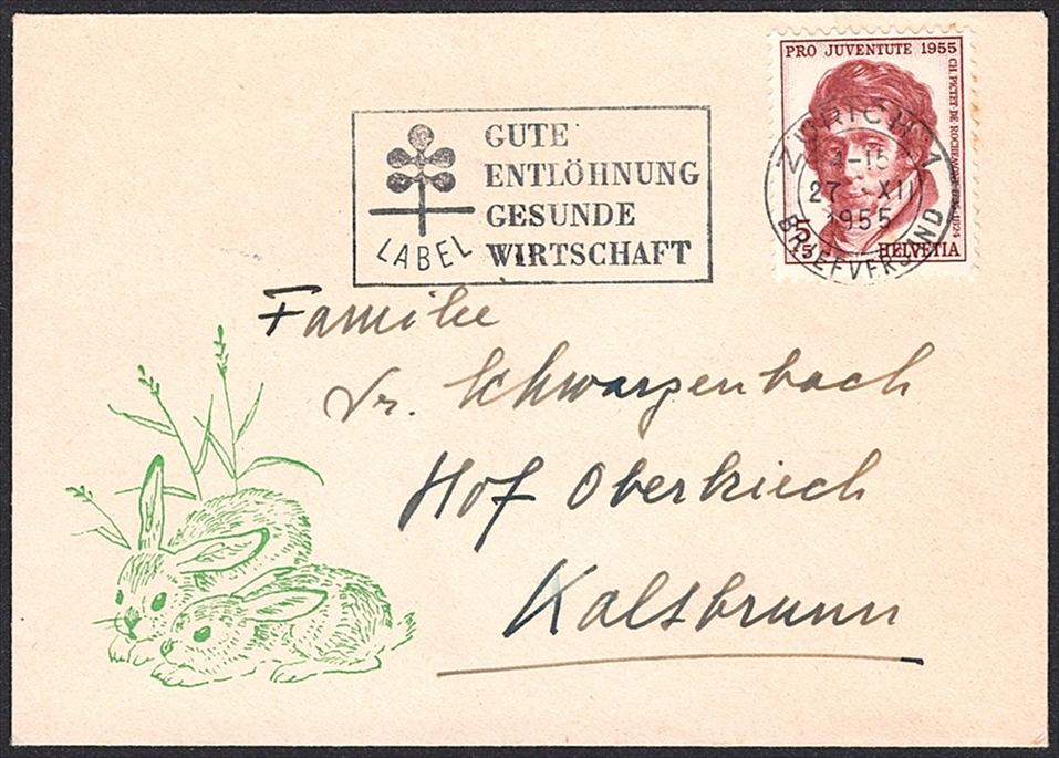 Schweiz, Pro Juventute Zierbriefe, Nr.56, 2 Feldhasen, ZÜRICH