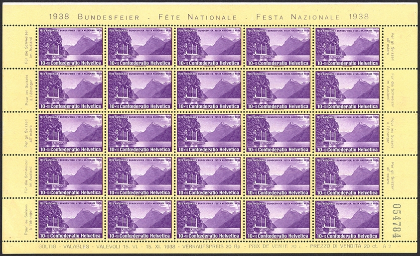 Schweiz, Pro Patria, Nr.1, kompletter Bogen, A2