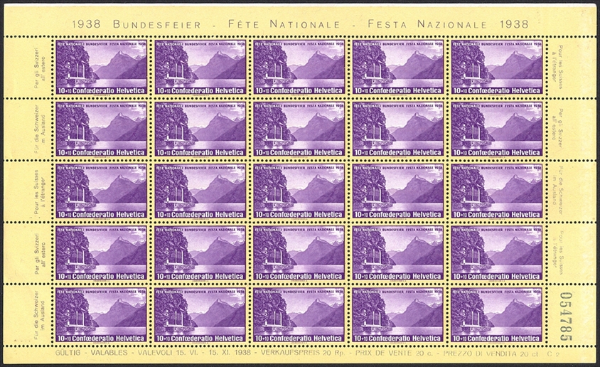 Schweiz, Pro Patria, Nr.1, kompletter Bogen, C2