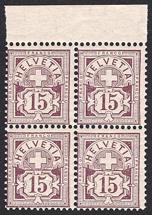 Schweiz, Ziffermuster, Nr.85, 15Rp.braunlila, im Viererblock, oberer Bogenrand
