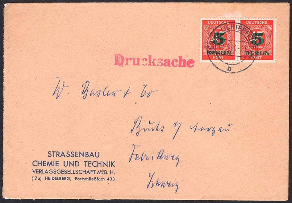 Deutschland, Berlin, Nr.64, 5Pfg.grüner Aiufdruck, waagrechtes Paar auf Drucksache nach Buchs/Aarau, BERLIN-LICHTERFELDE