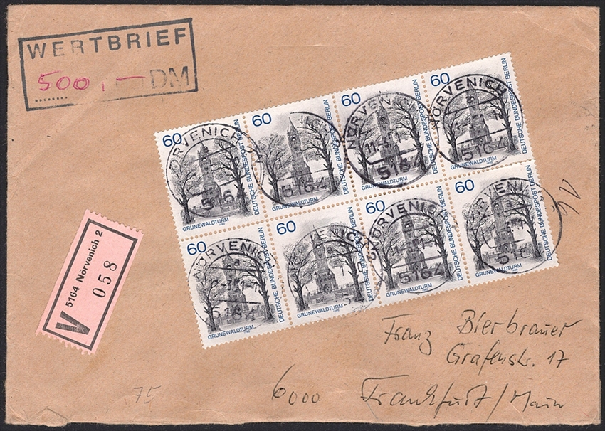 Deutschland, Berlin, Nr.640, mehrfach auf Wertbrief, NÖRVENICH