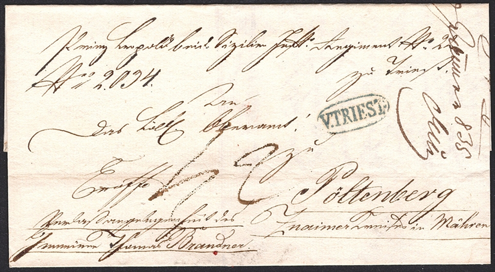 Österreich, V.TRIEST blaugrün, auf Faltbrief nach Pöltenberg (Mähren), 1835