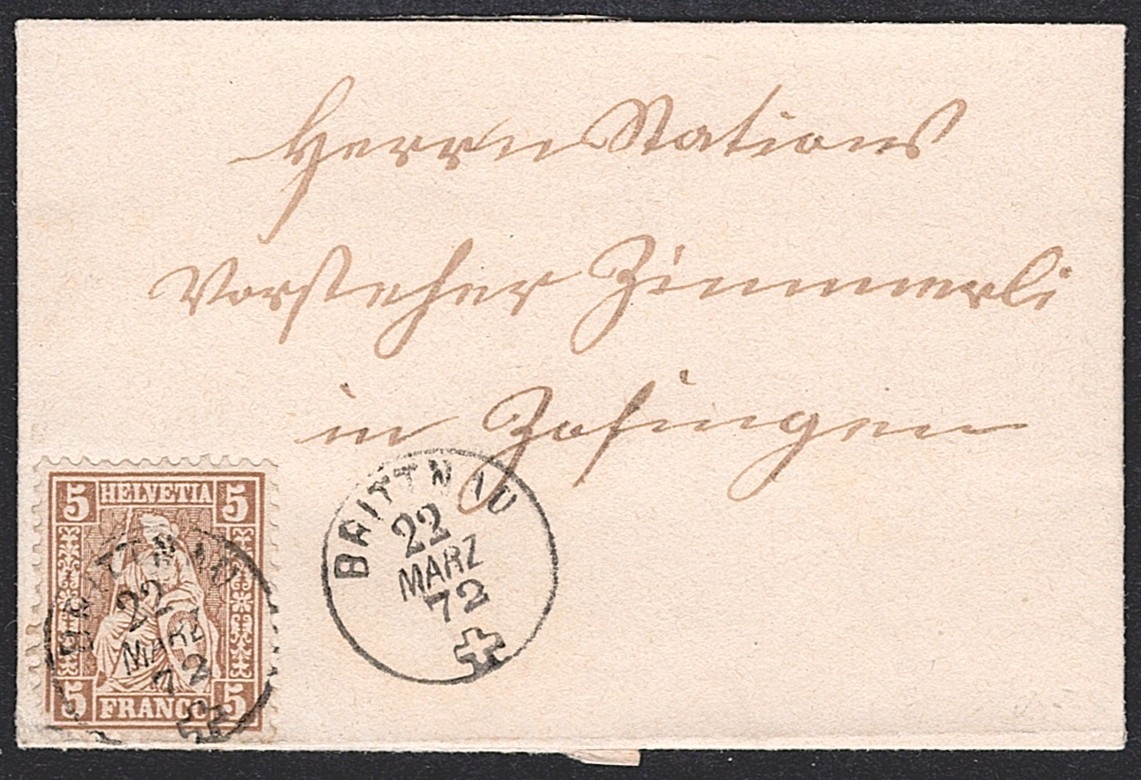 Schweiz, Abstempelungen, Kanton Aargau, Fingerhut Gr.104 BRITTNAU auf 5Rp.braun, Faltbrief nach Zofingen