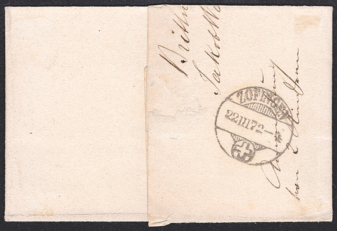 Schweiz, Abstempelungen, Kanton Aargau, Fingerhut Gr.104 BRITTNAU auf 5Rp.braun, Faltbrief nach Zofingen – Bild 2