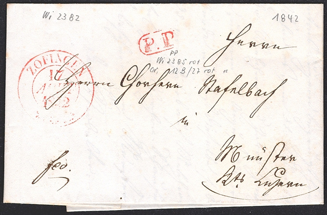 Schweiz, Abstempelungen, Kanton Aargau, ZOFINGEN/P.P., beide rot, W.-Nr.2382/2385, Faltbrief nach Münster