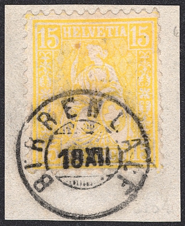 Schweiz, Abstempelungen, Kanton Aargau, Zwergstempel BIRRENLAUF auf 15Rp.gelb