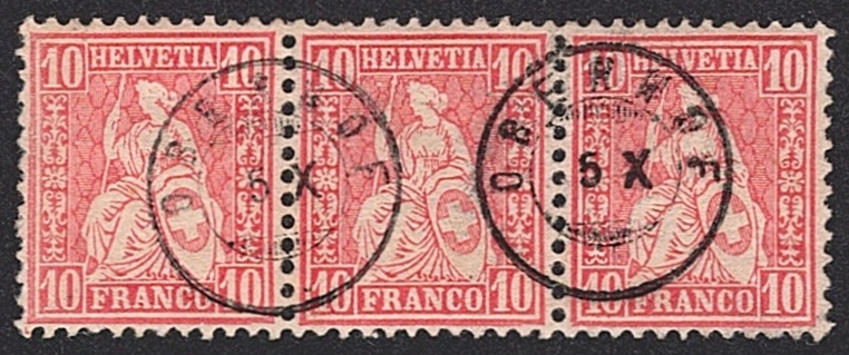 Schweiz, Abstempelungen, Kanton Aargau, Zwergstempel O.EHRENDINGEN auf 3er-Streifen 10Rp.rot