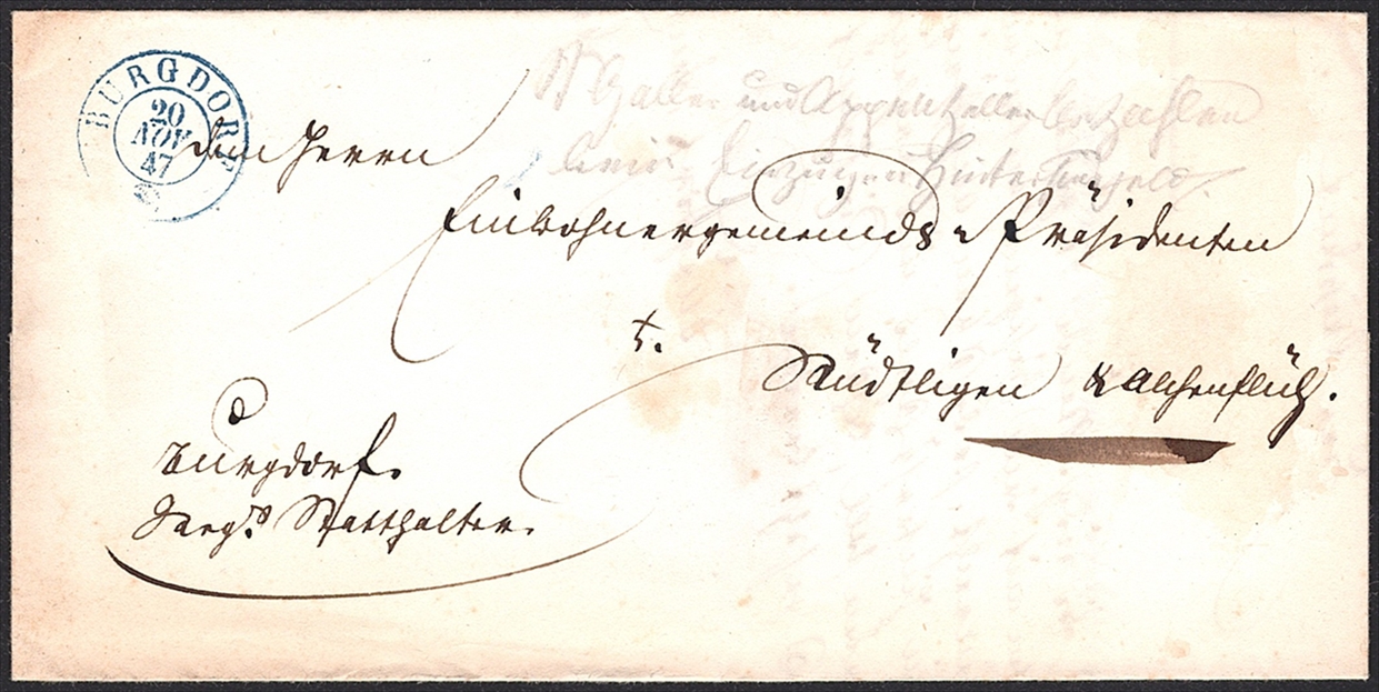 Schweiz, Abstempelungen, Kanton Bern, BURGDORF blau, amtlicher Faltbrief vom Oberamt, 1847