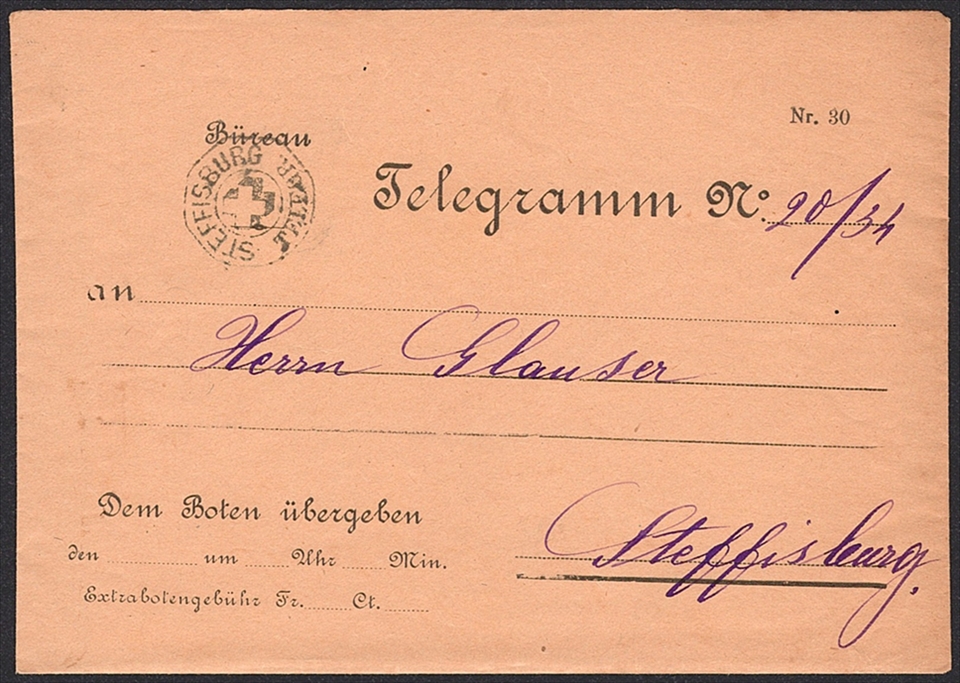 Schweiz, Abstempelungen, Kanton Bern, STEFFISBURG TELEGR., auf Umschlag Nr.30, mit Inhalt