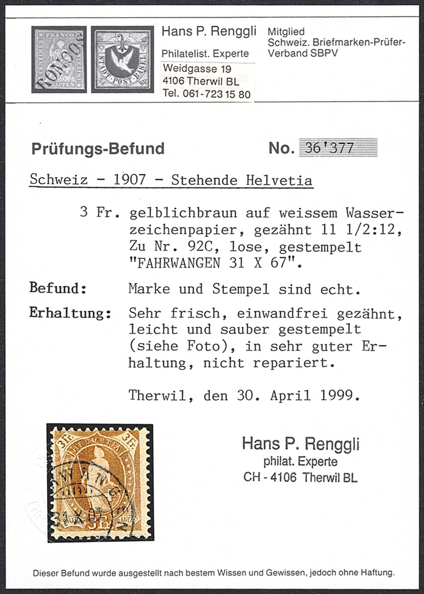 Schweiz, Altschweiz, Stehende Helvetia, Nr.92C, 3Fr.braun, FAHRWANGEN, Befund Renggli 1999 – Bild 2