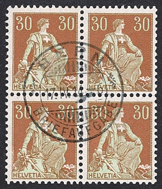 Schweiz, Freimarken, Nr.110, 30Rp.hellbraun, im Viererblock, BERN