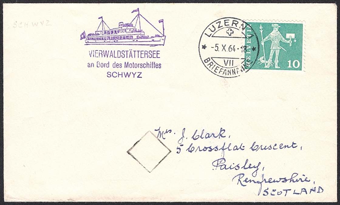 Schweiz, Freimarken, Nr.355, kleinformatiger Brief, LUZERN, violetter Nebenstempel VIERWALTSTÄTTERSEE an Bord des Motorschiffes SCHWYZ