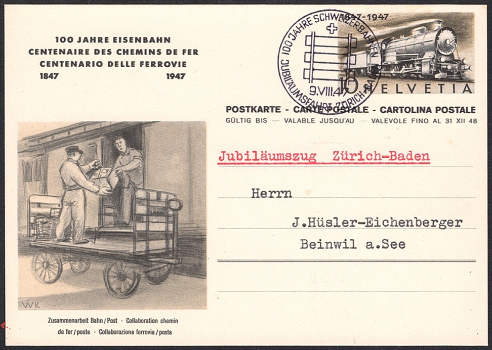 Schweiz, Ganzsachen, Postkarten, 100 Jahre Eisenbahn, 4 verschiedene Bilder, ET-Sonderstempel