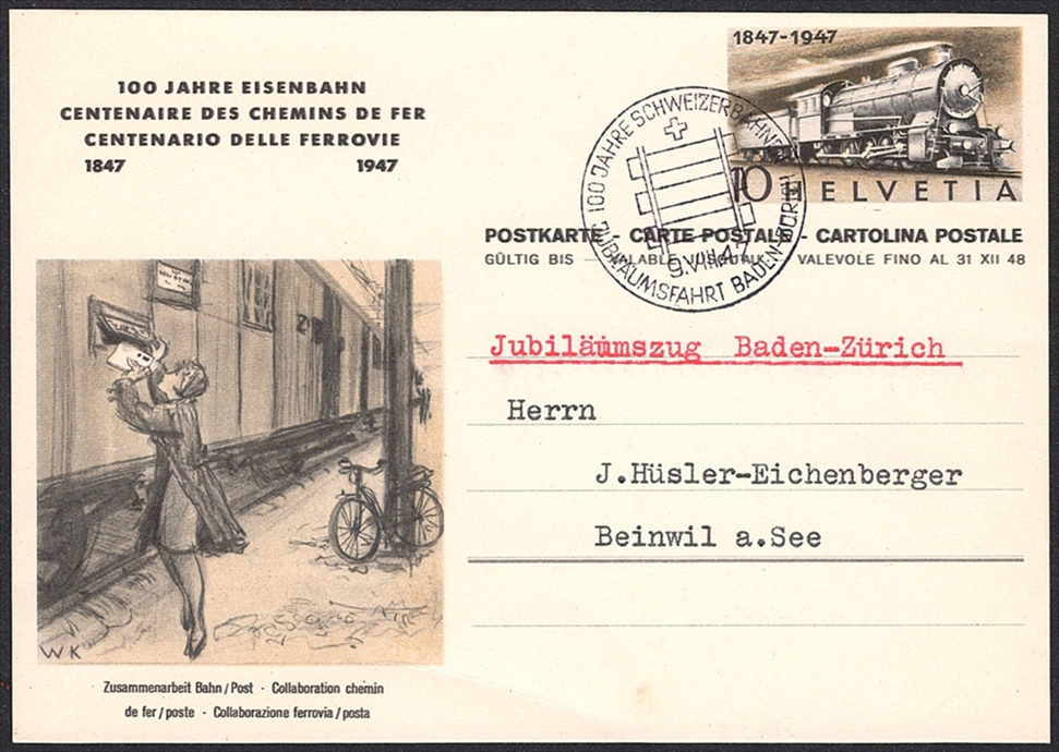 Schweiz, Ganzsachen, Postkarten, 100 Jahre Eisenbahn, 4 verschiedene Bilder, ET-Sonderstempel – Bild 2