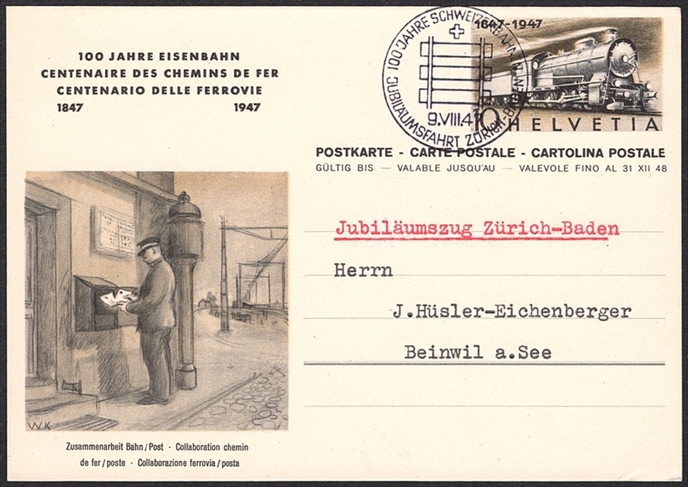 Schweiz, Ganzsachen, Postkarten, 100 Jahre Eisenbahn, 4 verschiedene Bilder, ET-Sonderstempel – Bild 3