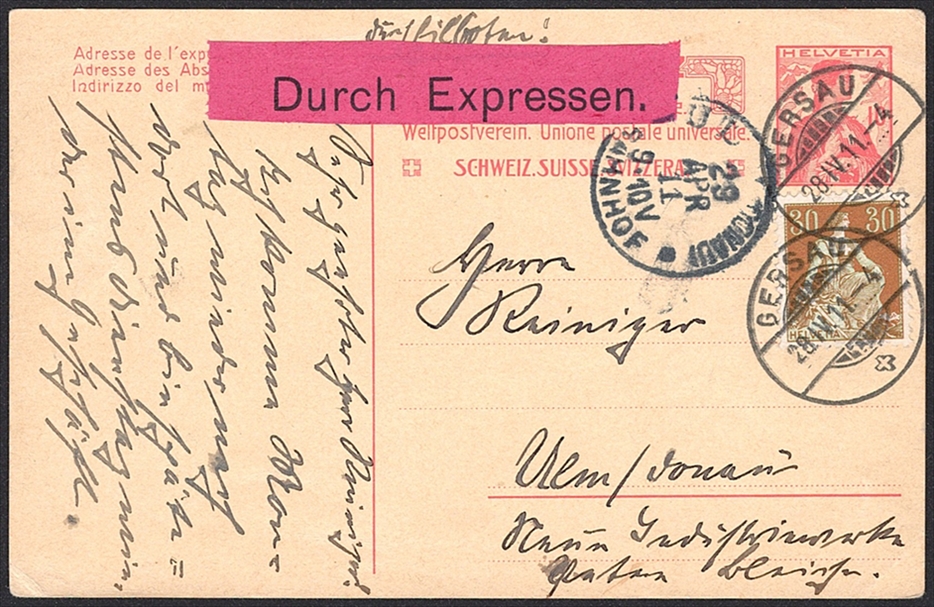Schweiz, Ganzsachen, Postkarten, Nr.PK 046 mit Zusatzfrankatur als Expresskarte nach Ulm, seltene Verwendung, GERSAU