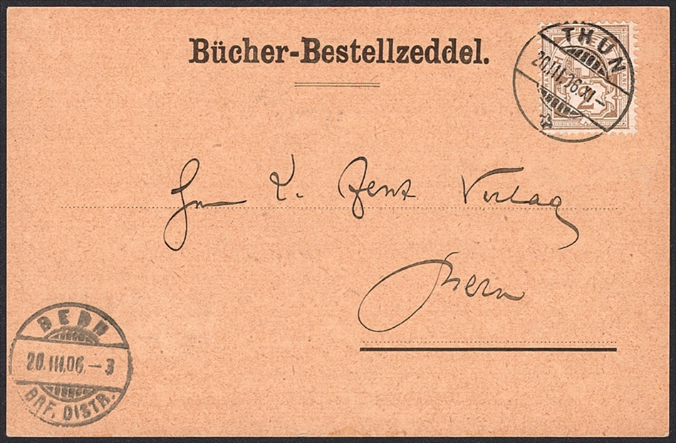 Schweiz, Wertziffer, Nr.80, feinst auf Bücher-Bestellzeddel, THUN