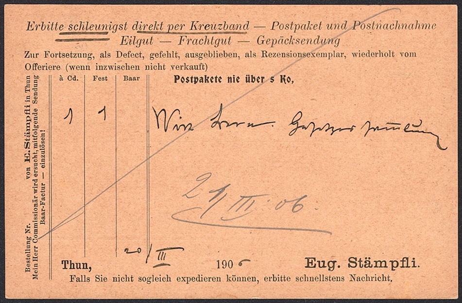 Schweiz, Wertziffer, Nr.80, feinst auf Bücher-Bestellzeddel, THUN – Bild 2