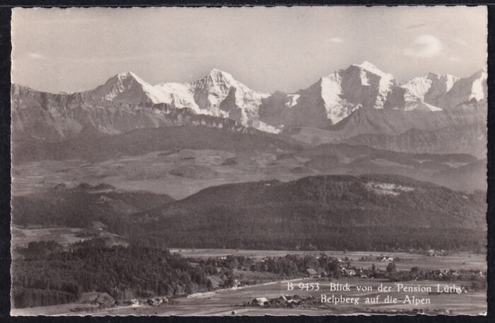 Ansichtskarten Schweiz 1954, Blick von der Pension Lüthy, Belpberg, auf die Alpen