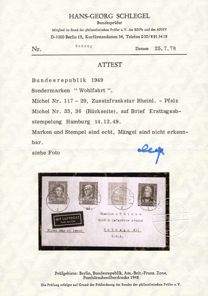 BRD 1949 Serie Mi. Nr. 117 bis 120 "Wohlfahrt" auf Brief FDC in die USA gestempelt Ersttag mit Ankunftsstempel und Attest – Bild 3