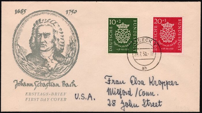 BRD 1950 Serie Mi. Nr. 121 bis 122 "Johann Sebastian Bach" auf Brief FDC gestempelt Ersttag