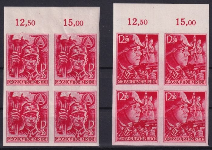 Deutsches Reich Nr. 909U und 910U geschnitten 4er Blocks Bogenränder Nummern 5-6 und 15-16 postfrisch mit Abart