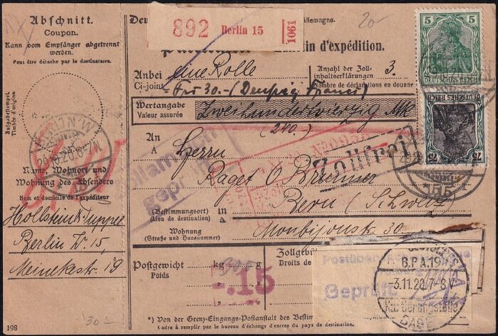 Deutschland, Deutsches Reich, Paketbegleitadresse nach Bern, 4 Farbenfrankatur, ab Berlin