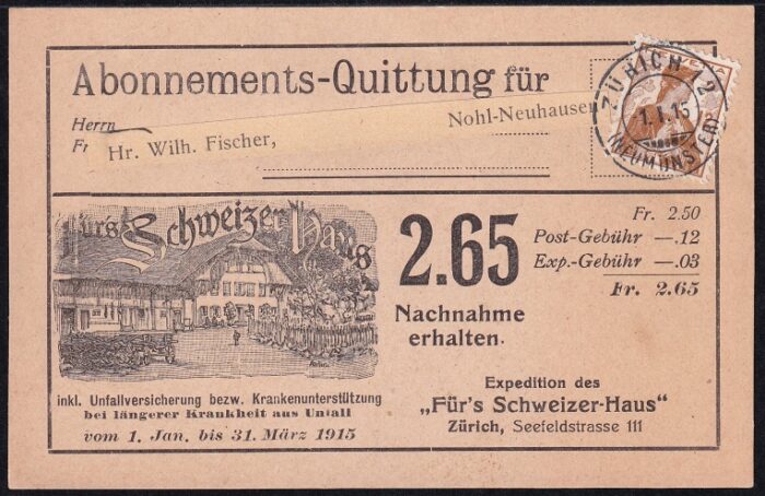 Freimarken 1909 12 Rp. auf schön illustrierter Karte, Nachnahme gestempelt ZÜRICH NEUMÜNSTER