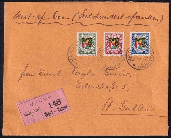 Liechtenstein, Freimarken, Wertbrief, FDC, Nr.75-77