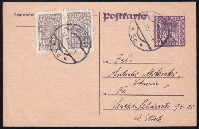 Österreich 1924 Postkarte Nr. P264 mit Zusatz-Frankatur