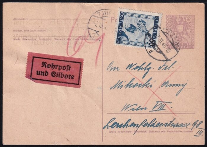 Österreich 1946 Postkarte Nr. P322 mit Zusatz-Frankatur