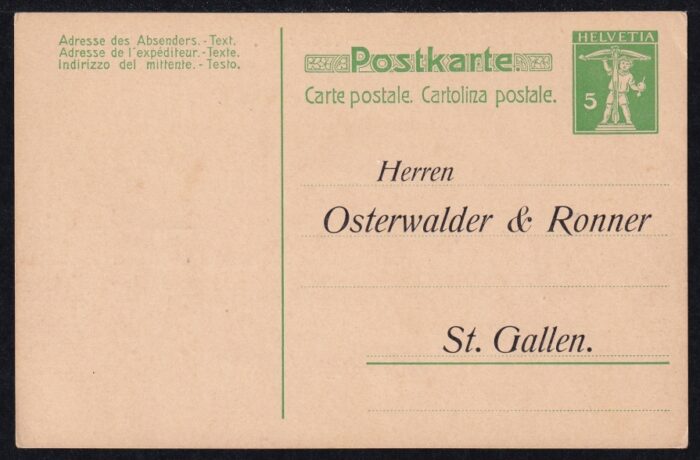 Schweiz 1910, Ganzsachen Postkarte 5 Rp. Typ III Zudruck "Osterwalder & Ronner" Schriftlänge 7,8 cm