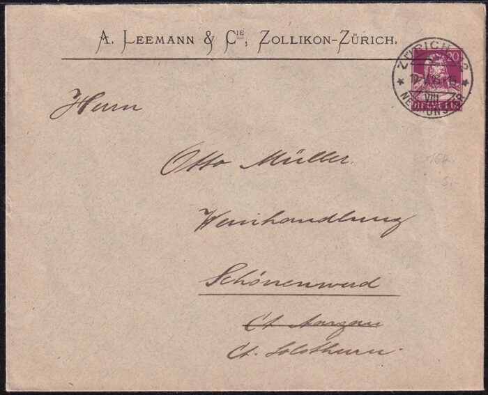 Schweiz 1923 Ganzsachen, Private Briefumschläge Firma "A. Leemann & Cie"