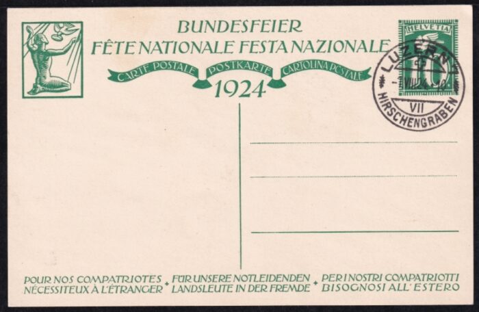 Schweiz Bundesfeierkarten 1924, Mutter mit Kindern 10 Rp., gestempelt 1.8.