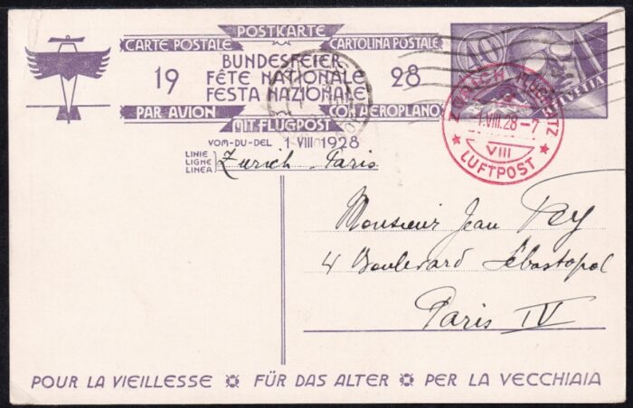 Schweiz Bundesfeierkarten 1928 Grossmutter mit Mädchen, Flugpostausgabe 40 Rp. blau, Flug Zürich-Paris, gestempelt 1.8.