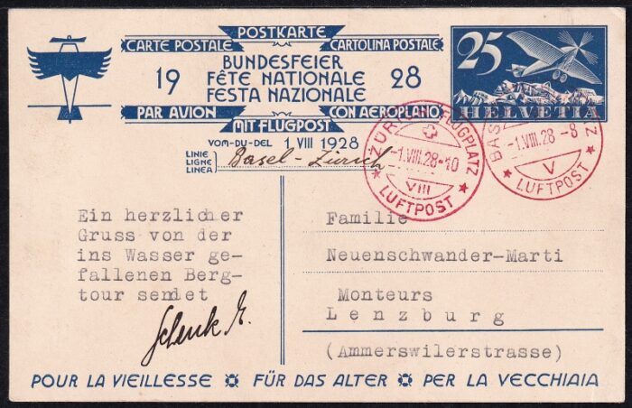 Schweiz Bundesfeierkarten 1928 Grossvater mit Mädchen, Flugpostausgabe 25 Rp. blau, Flug Basel-Zürich, gestempelt 1.8.