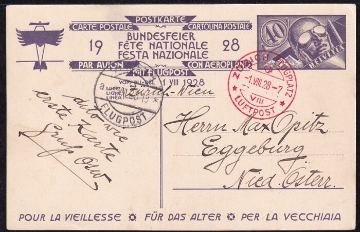 Schweiz Bundesfeierkarten 1928 Grossvater mit Mädchen, Flugpostausgabe 40 Rp. blau, Flug Zürich-Wien, gestempelt 1.8.