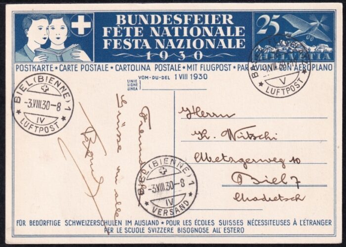 Schweiz Bundesfeierkarten 1930 Knabe auf Schulbank, Flugpostausgabe 25 Rp. weiss/blau, Flug Basel-Biel, gestempelt 1.8.