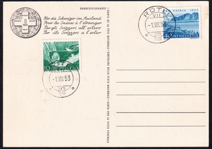 Schweiz Bundesfeierkarten 1953, Der Mäher, Rütli-Stempel mit 9 Gitterstäben, gestempelt 1.8.