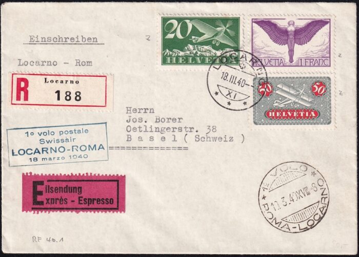 Schweiz, Erstflüge, Locarno-Rom, RF40.1a, R-Express-Brief