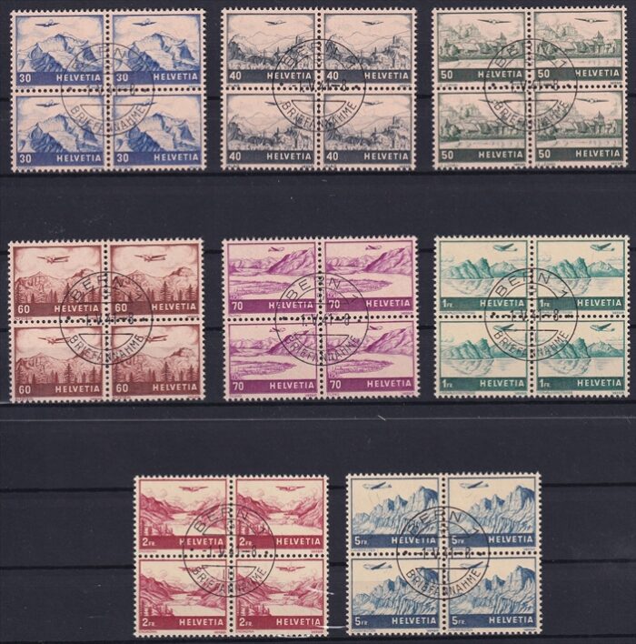 Schweiz Flugpost 1941 Serie 4er Blocks SBK Nr. F27 bis F34 gestempelt Ersttag