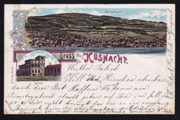 Schweiz Lithographie 1900 "Gruss aus KÜSNACHT"