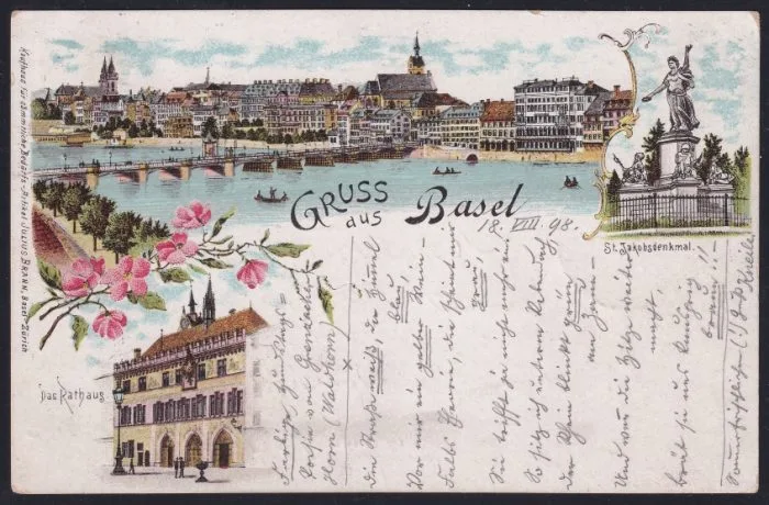 Schweiz Lithographie Gruss aus BASEL, 3 Bilder