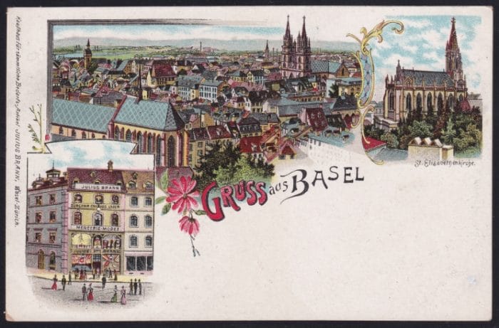 Schweiz Lithographie Gruss aus BASEL, 3 Bilder