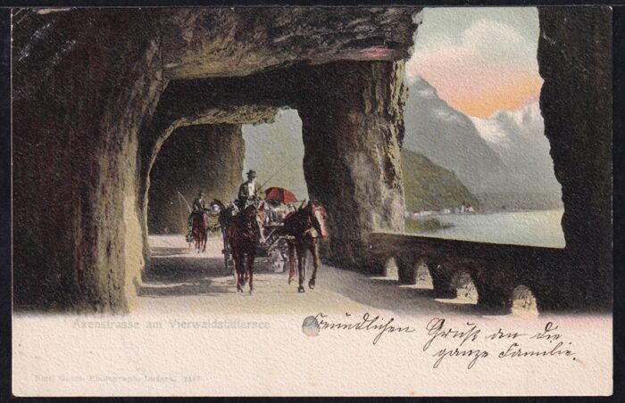 Schweiz, Lithographien, Axenstrasse am Vierwaldstättersee, Pferdekutsche